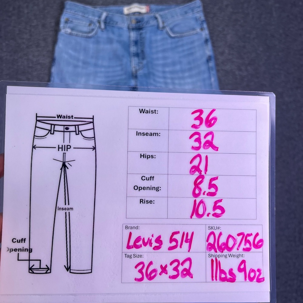Levis 514 Jeans Mens 36x32 Light Wash Slim Straight Classic Casual Denim Retro - Picture 3 of 16